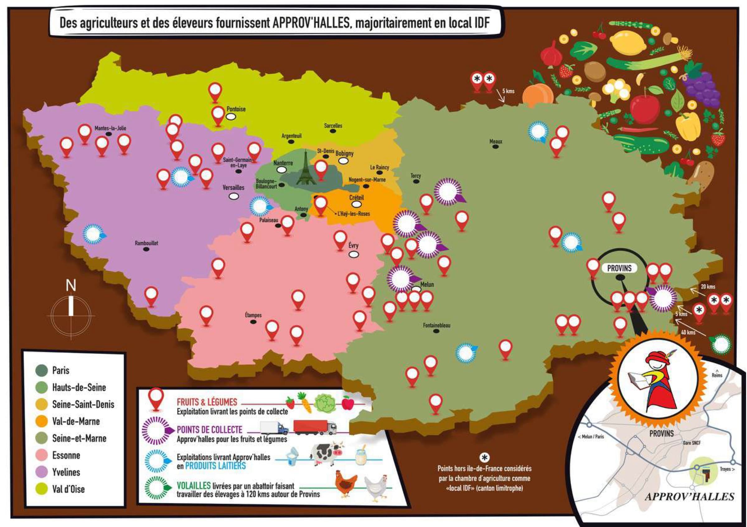 Carte de l'Île-de-France avec les points de collecte Approv'Halles