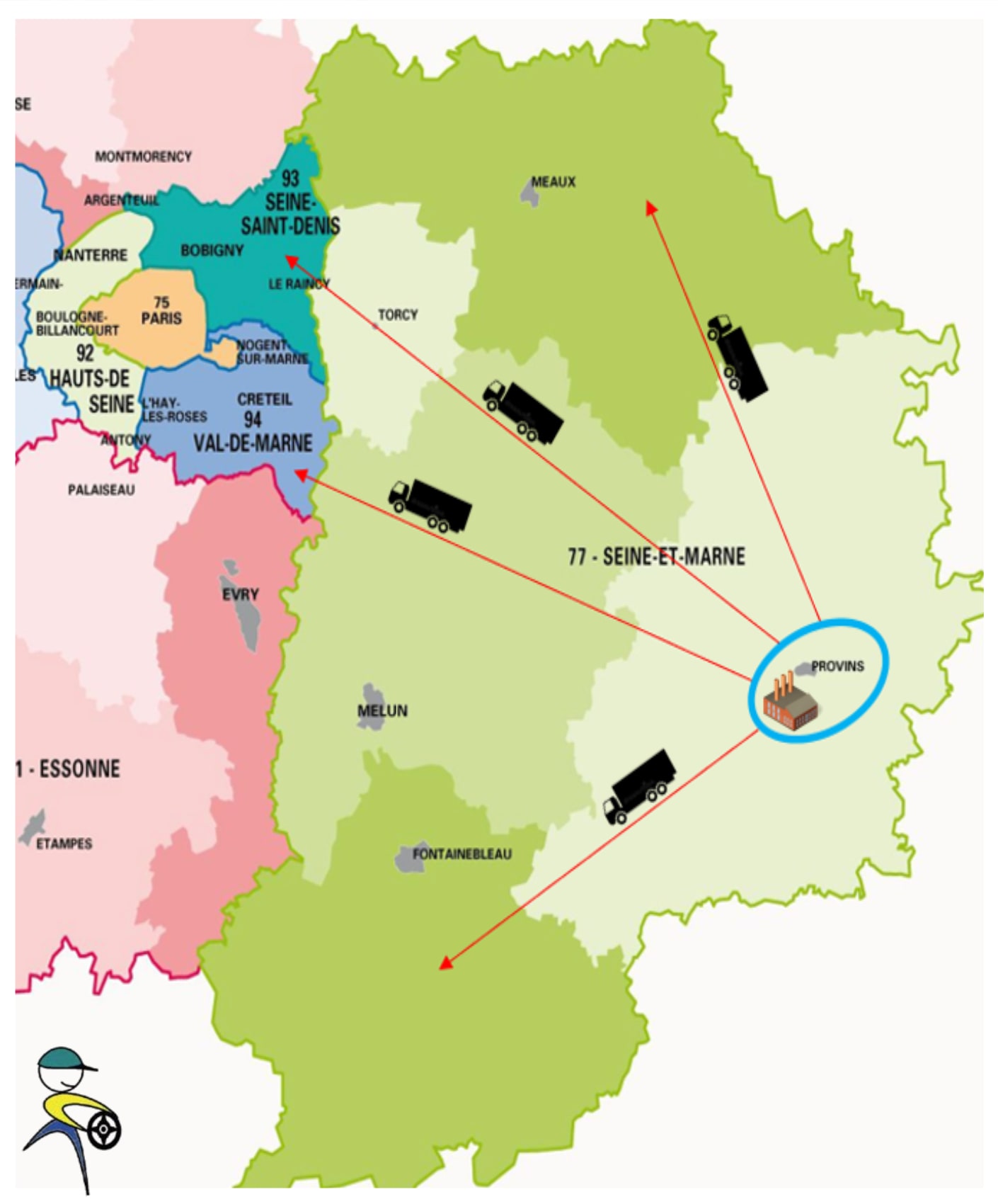 Carte de l’Île-de-France illustrant les livraisons d’Approv’Halles depuis Provins vers les départements franciliens